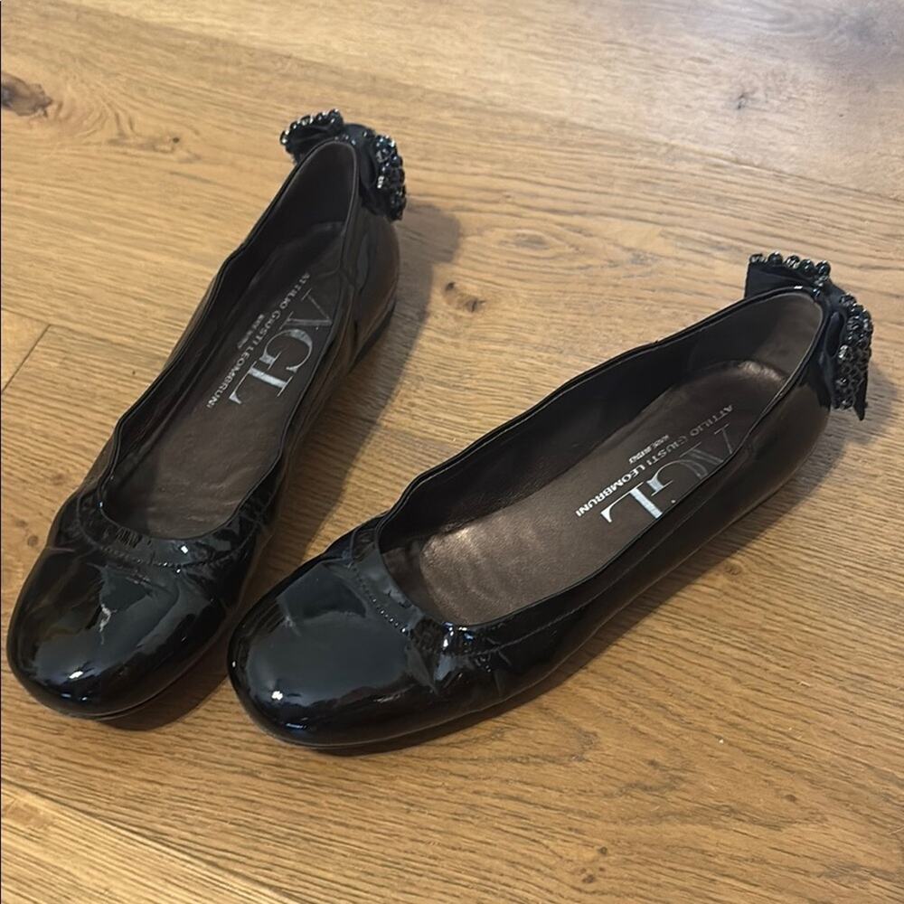 AGL Attilio Giusti Leombruni Patent‎ Leather Black Bow Flats size 39.5